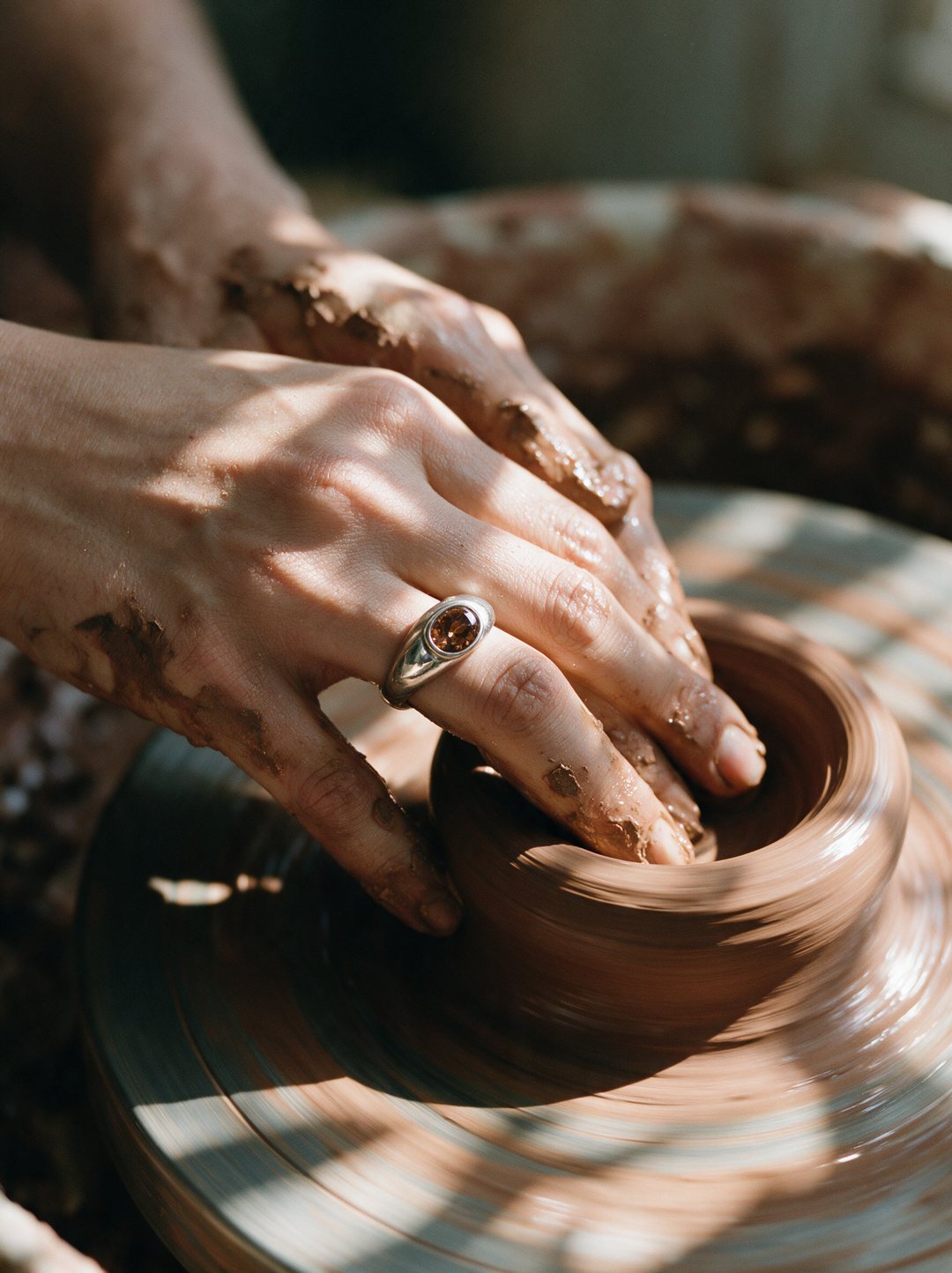 Signet ring worn while throwing pottery